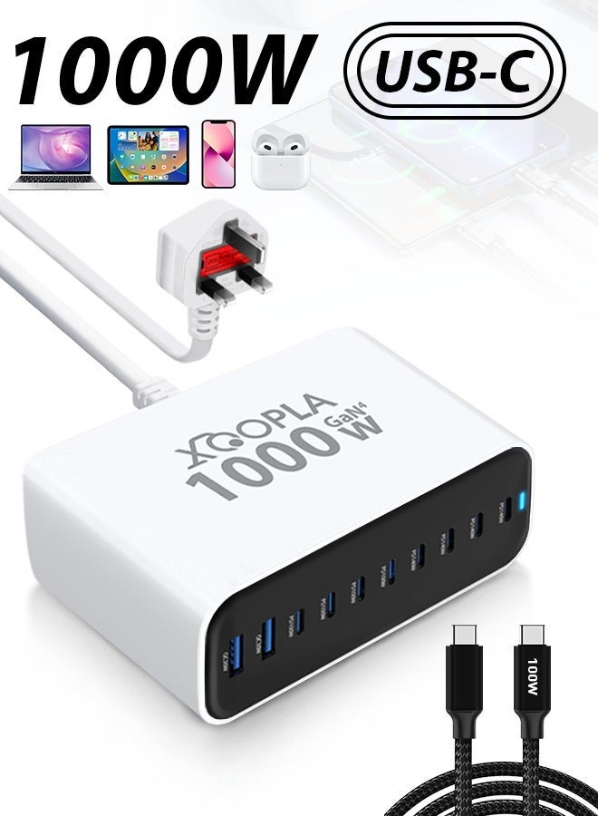 Xoopla 1000W USB C Charger Fast Charging Station, 10 Port Type C Wall Charger Power Adapter Plug Cube With PD 100W Data Cable/Advanced GaN Technology, Desktop Laptop Charger Compatible for iPhone 17/16 Series, MacBook Pro/Air, iPad Pro, Dell XPS, Samsung S25/S24, Huawei, Xiaomi, Vivo and More - Image 1